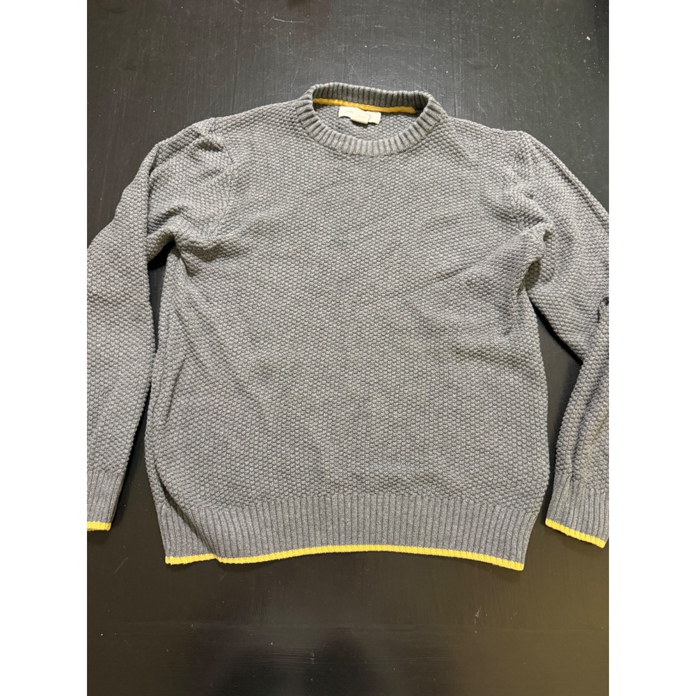 Henrik Anderson Copenhagen Mens Grey Cotton Textured Knit Sweater Yellow Trim L